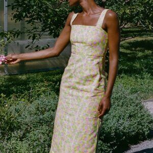 Coco Shop Long Slip Dress in Yellow with Pink Bougainvillea, Size Small, NWOT